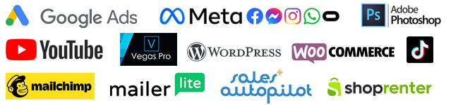 Google Ads, Meta Facebook hirdsetések, Photoshop, YouTube, Vegas Pro, WordPress, WooCommerce, TikTok, MailChimp, MailerLite, SalesAutopilot, Shoprenter.